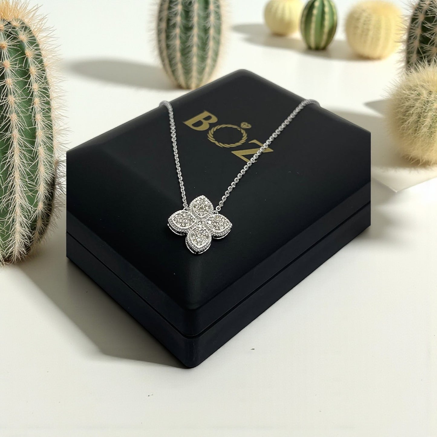 Butterfly necklace on a black box with 'BOZ' branding, surrounded by cacti.