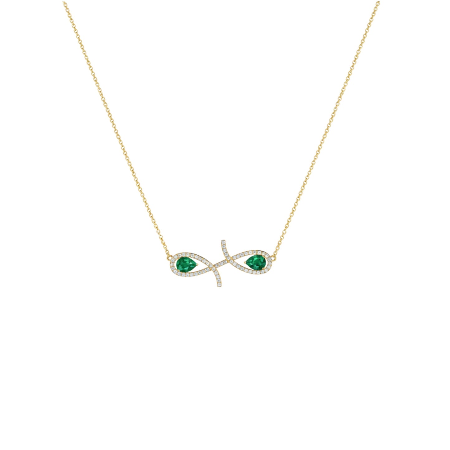 Gold necklace with emerald green gemstones on a white background