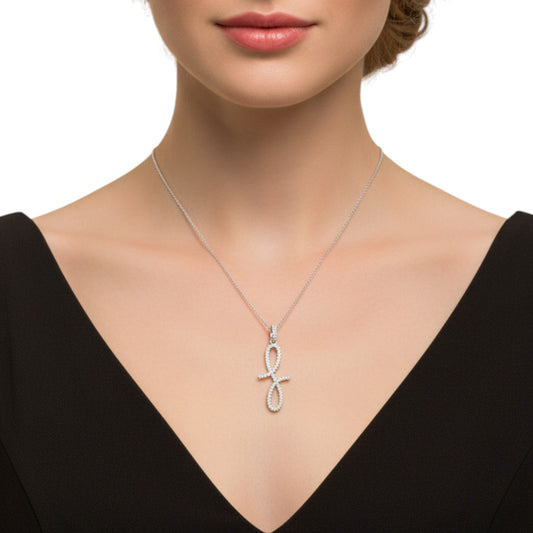 Necklace with a pendant worn by a model on a white background
