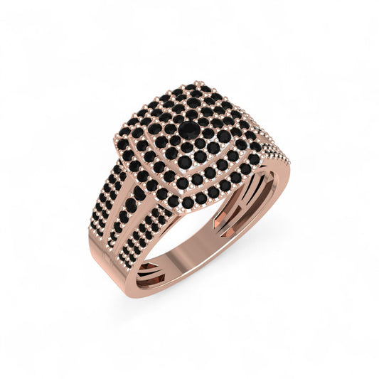 Rose gold ring with black gemstones on a white background