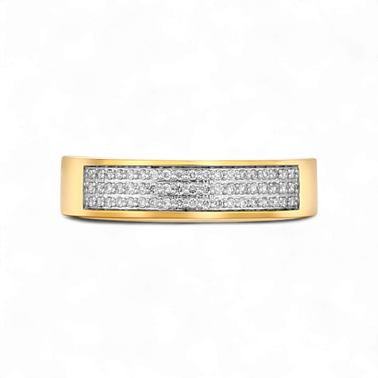 Gold ring with diamond accents on a white background