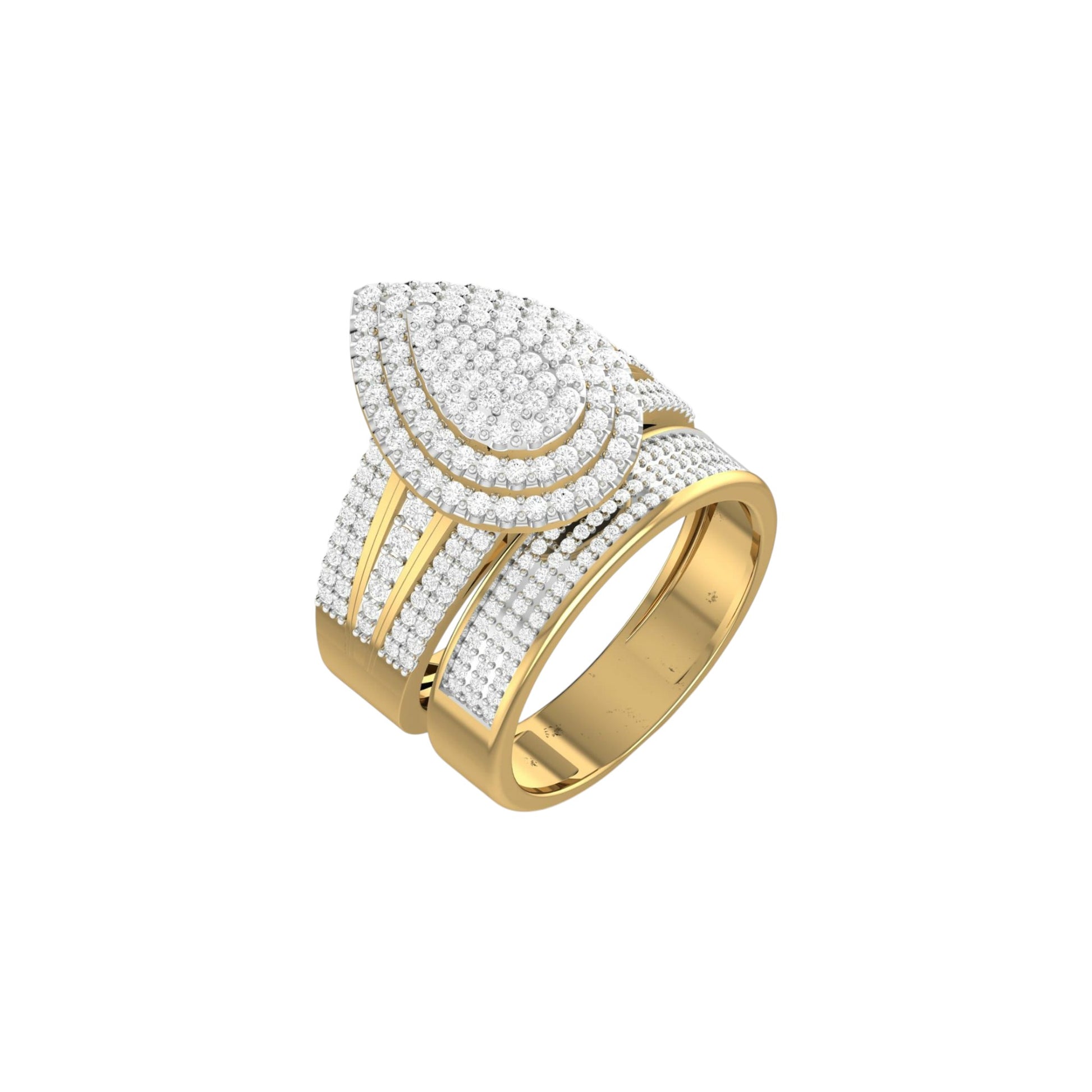 Gold ring with diamond accents on a white background