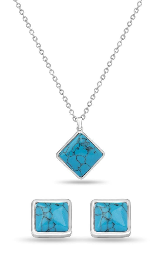 Blue Square Hypoallergenic Steel Necklace and Earrings Set