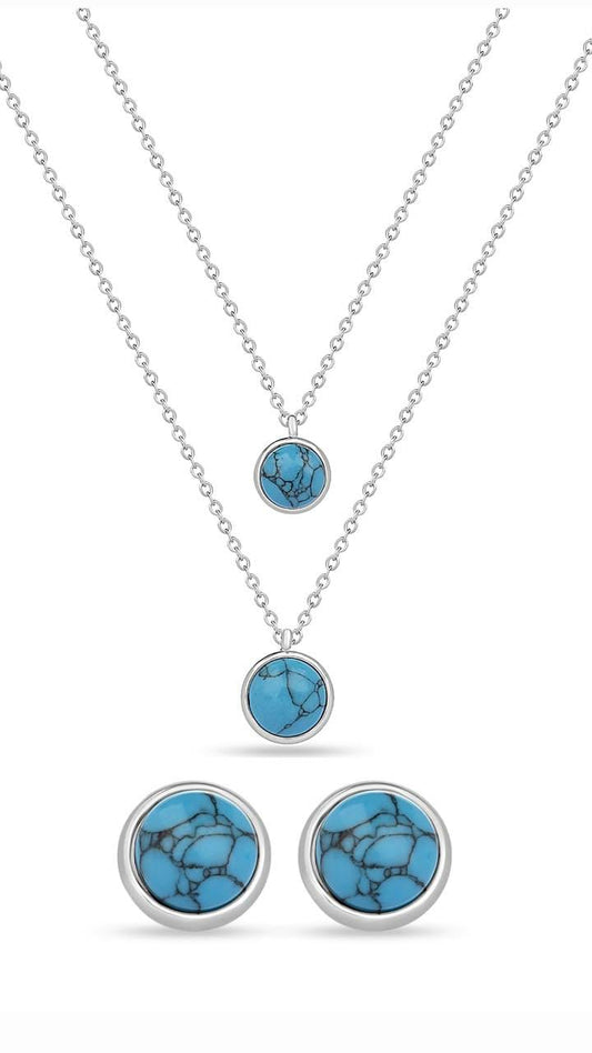 Blue Round Hypoallergenic Steel Necklace and Earrings Set