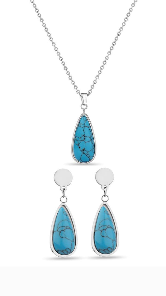 Blue Tear Drop Hypoallergenic Steel Necklace and Earrings Set