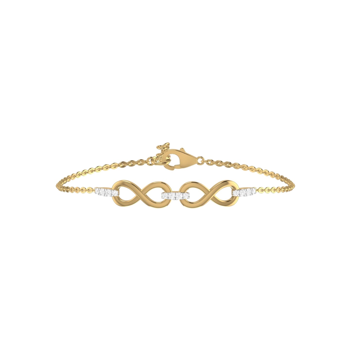 Gold bracelet with infinity symbol and small diamonds on a white background