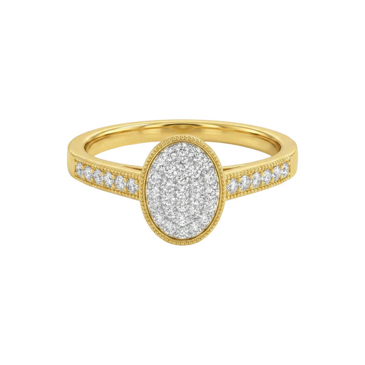 Gold ring with a silver oval center and diamond-studded band on a white background