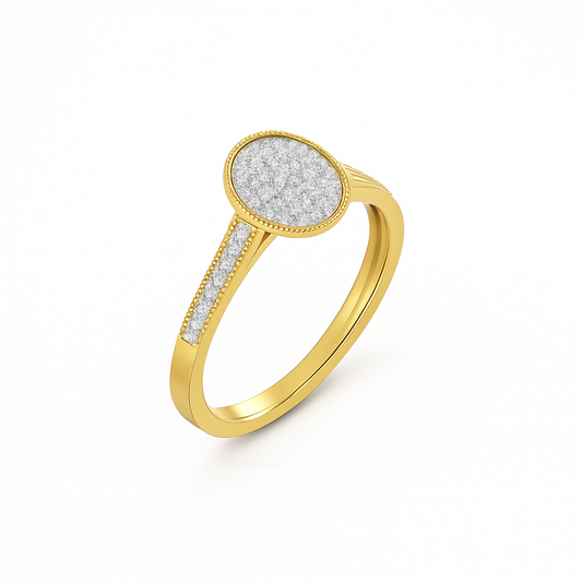 Gold ring with a diamond-studded band on a white background