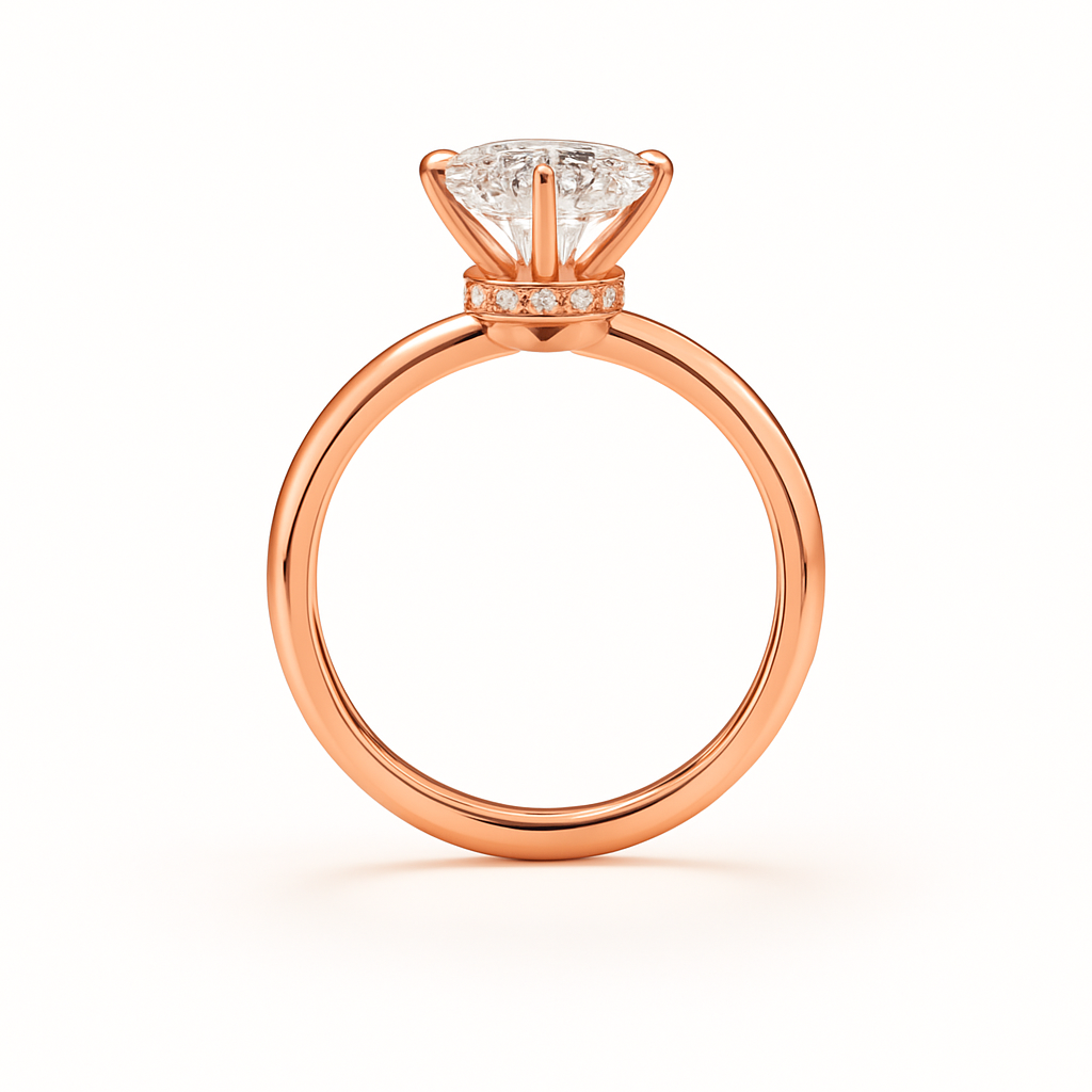 Rose gold ring with a diamond on a white background