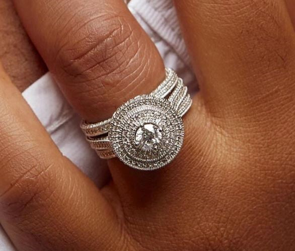 Zack Triple Halo Round Cut 3-piece Natural Diamond Bride Set in 18k Gold