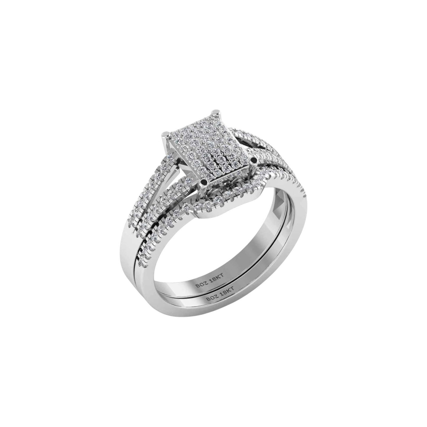Silver ring with diamond accents on a white background
