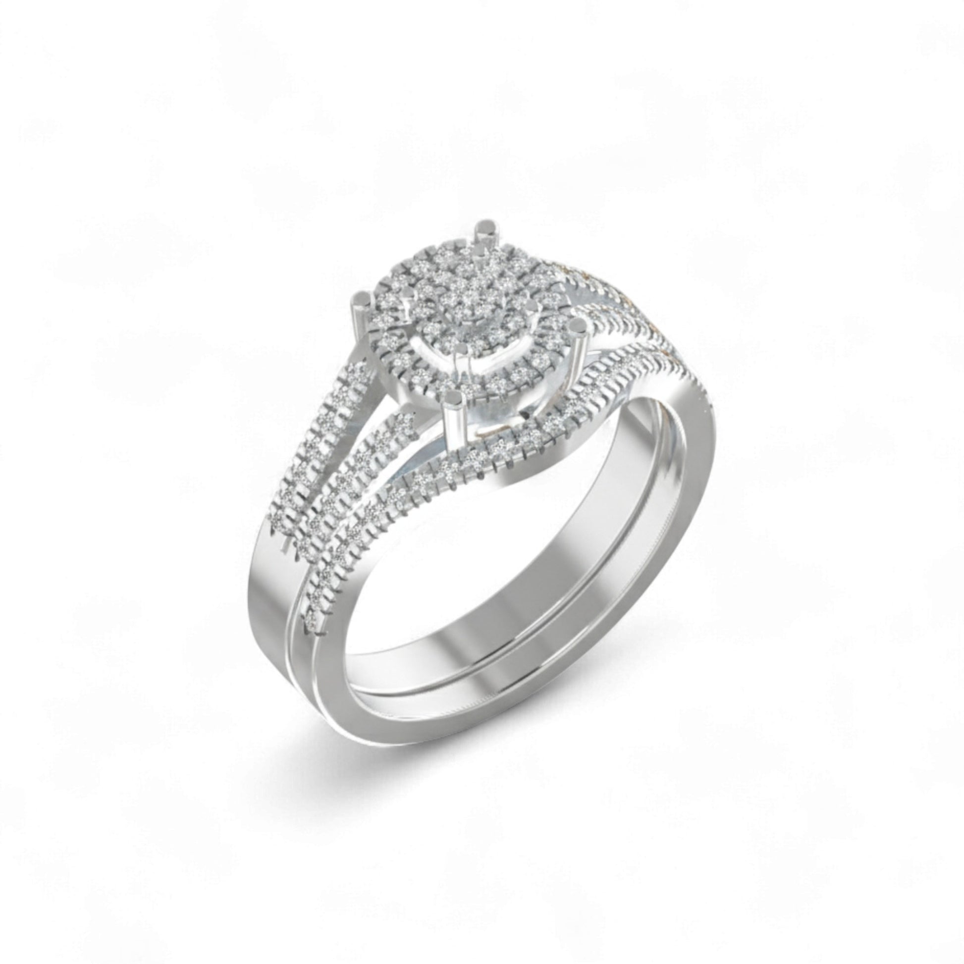 Silver ring with diamond accents on a white background