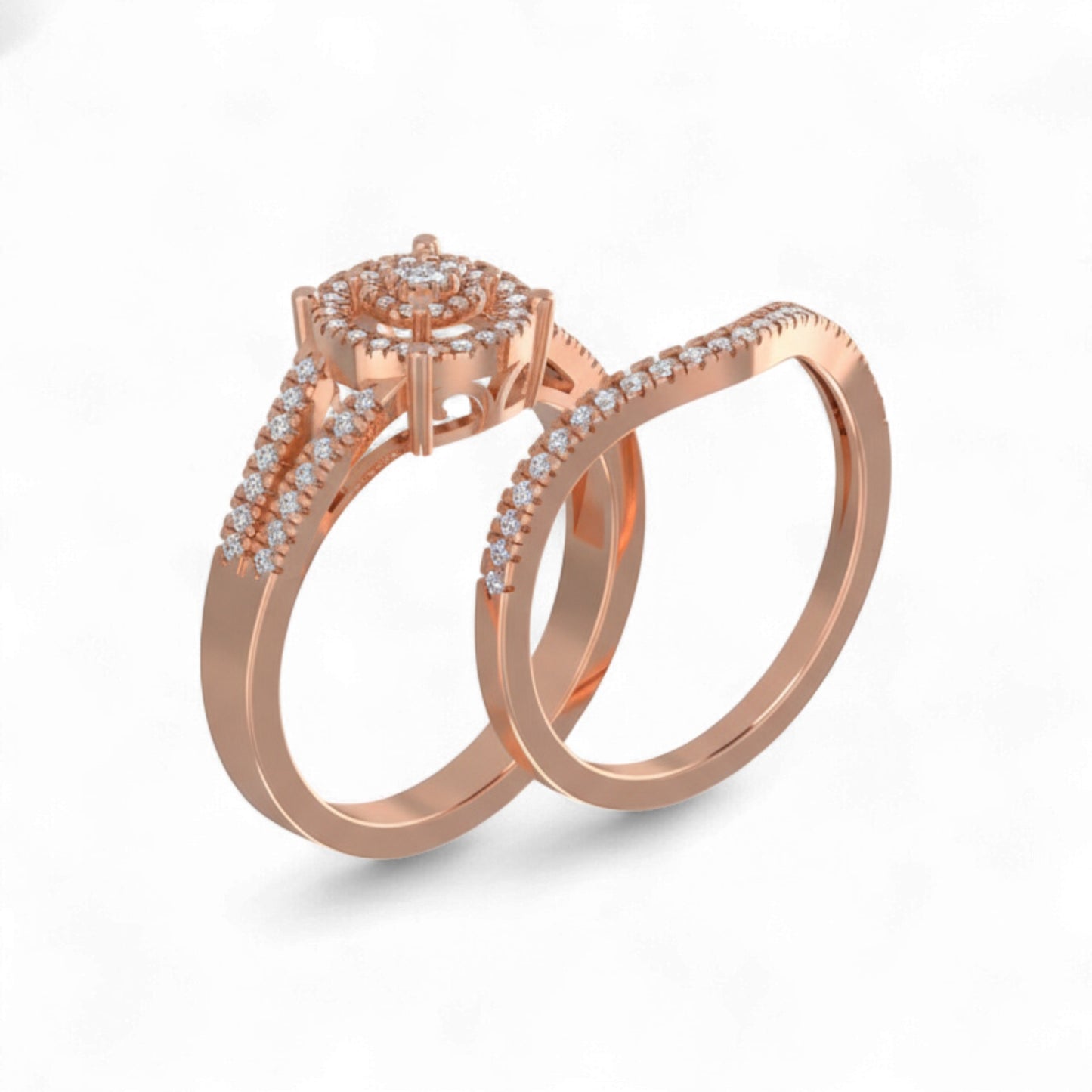 Rose gold ring with diamond accents on a white background