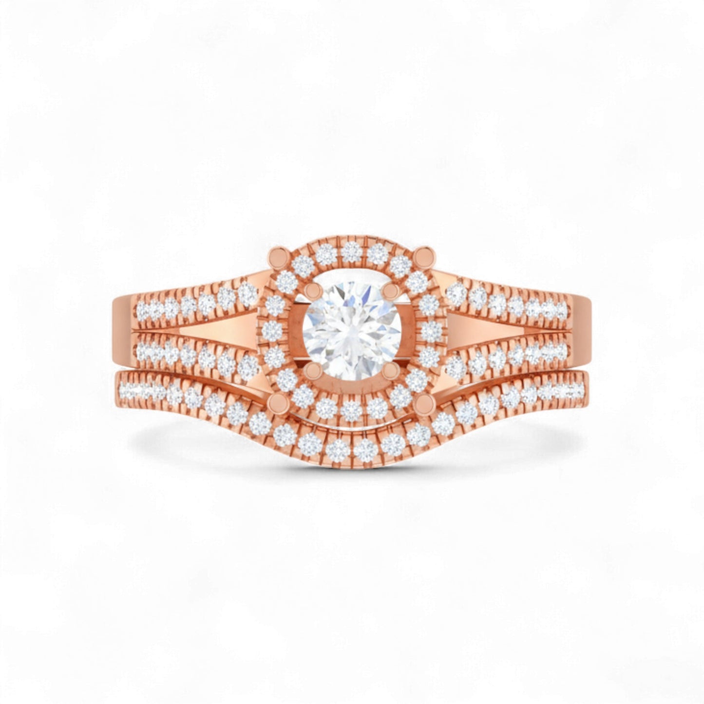 Rose gold ring with diamond accents on a white background