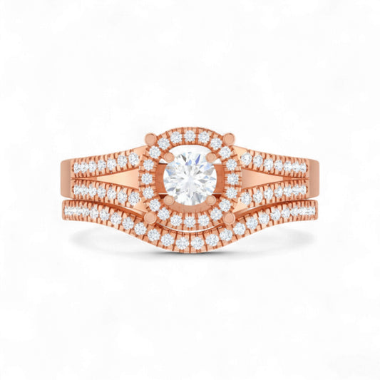 Rose gold ring with diamond accents on a white background