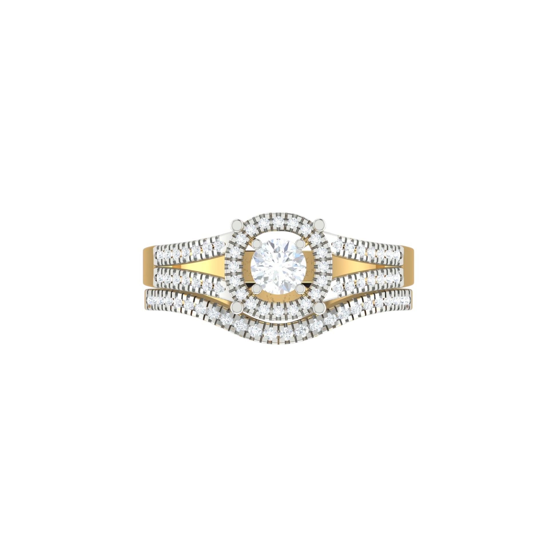 Gold and silver ring with a central diamond on a white background
