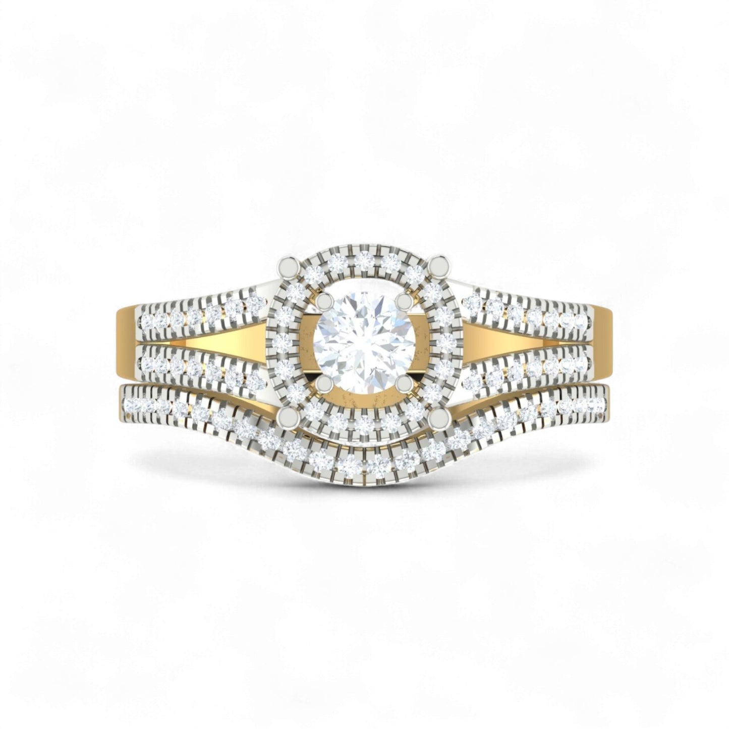 Gold and diamond ring on a white background