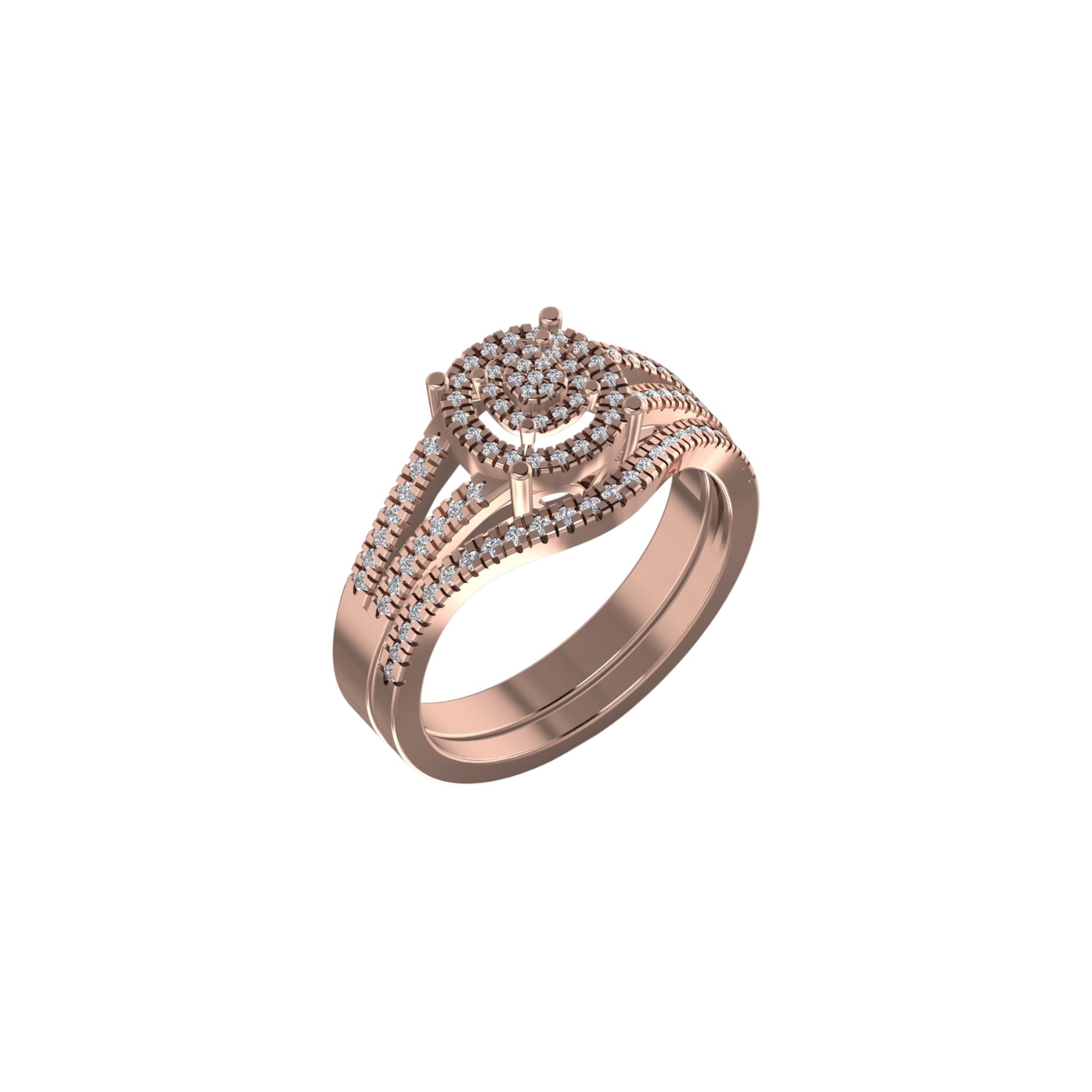 Rose gold ring with diamond accents on a white background