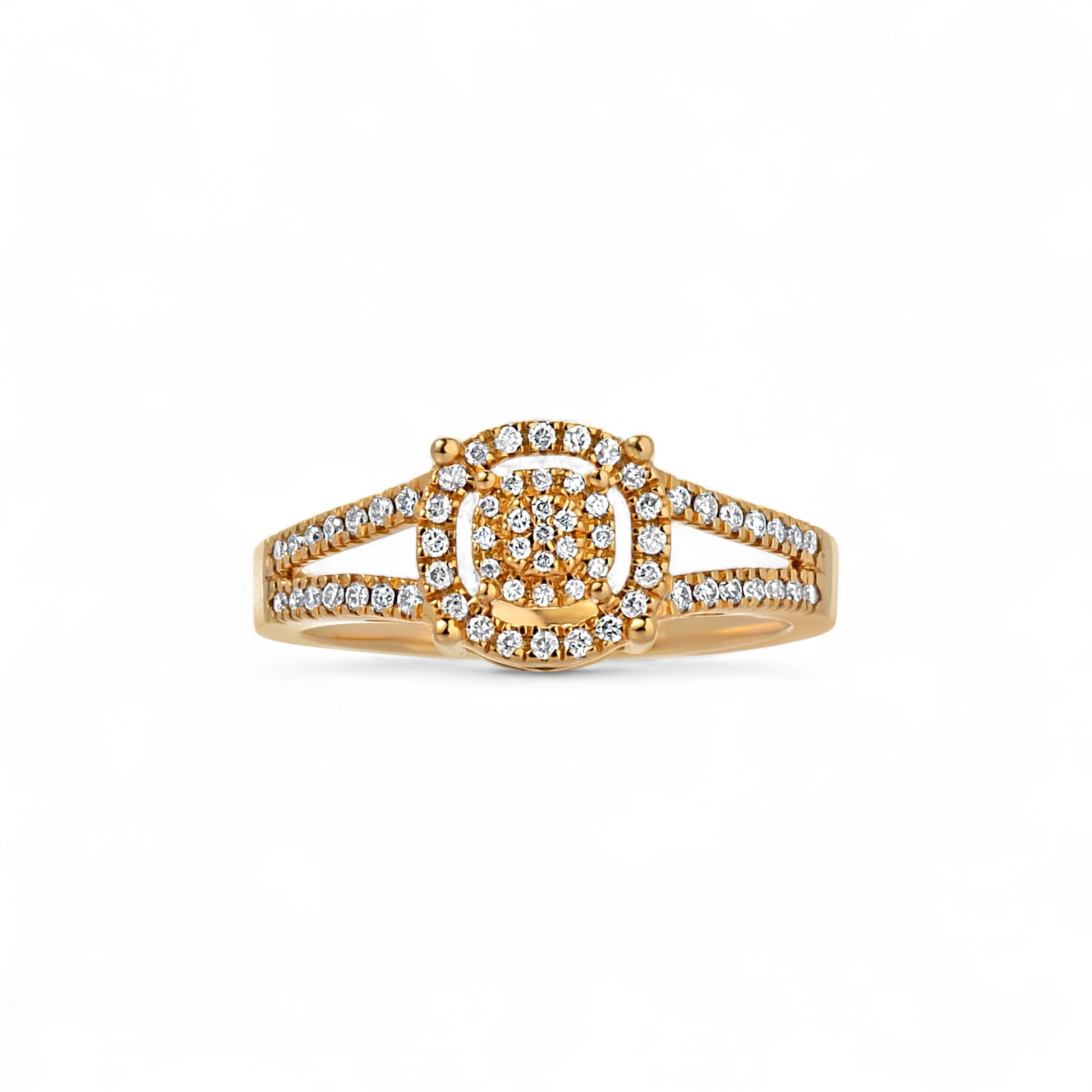 Gold ring with diamond accents on a white background