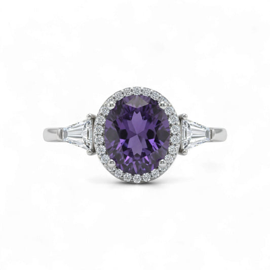 Purple Oval Cut CZ Baguette Engagement Ring in 925 Sterling Silver