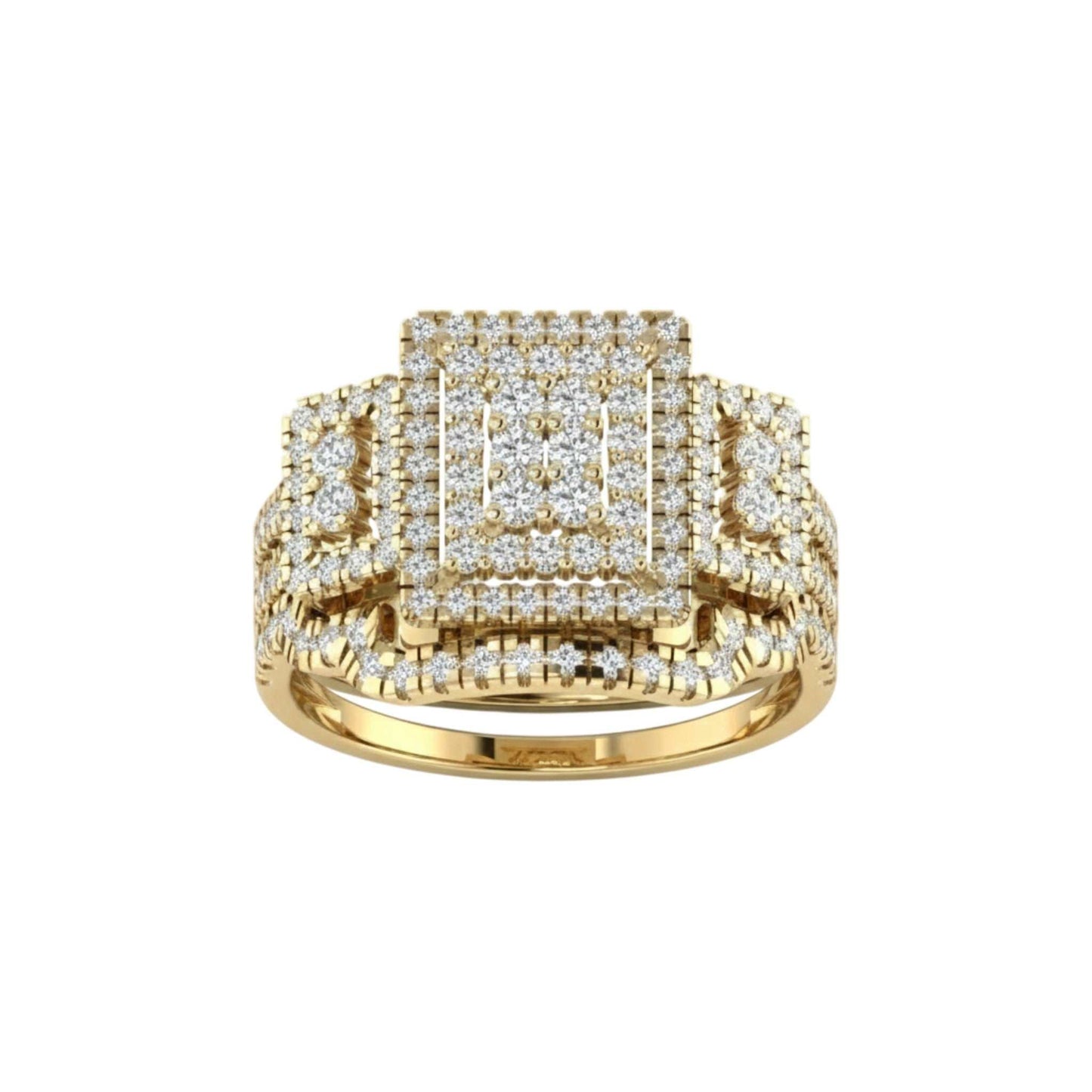 Gold ring with diamond accents on a white background
