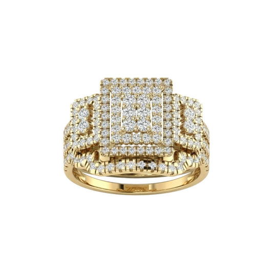 Gold ring with diamond accents on a white background