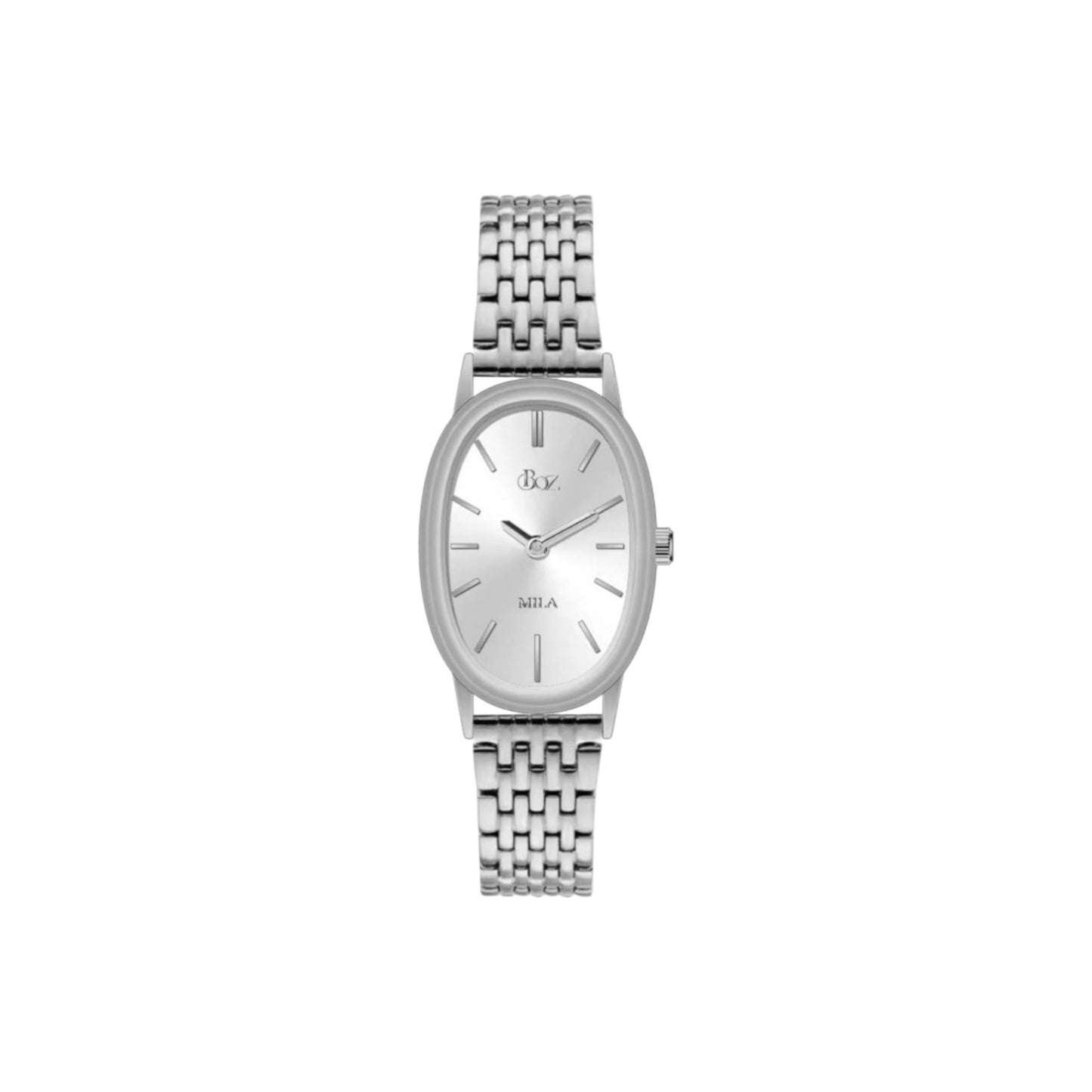 Silver watch with a chain-like bracelet on a white background