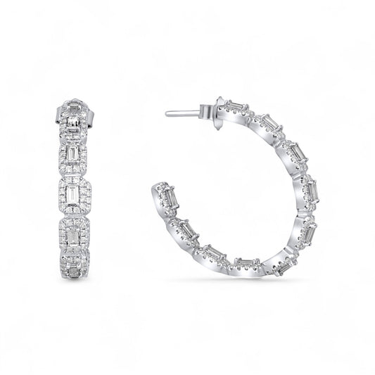 Round and Baguette Diamond Hoops Earring