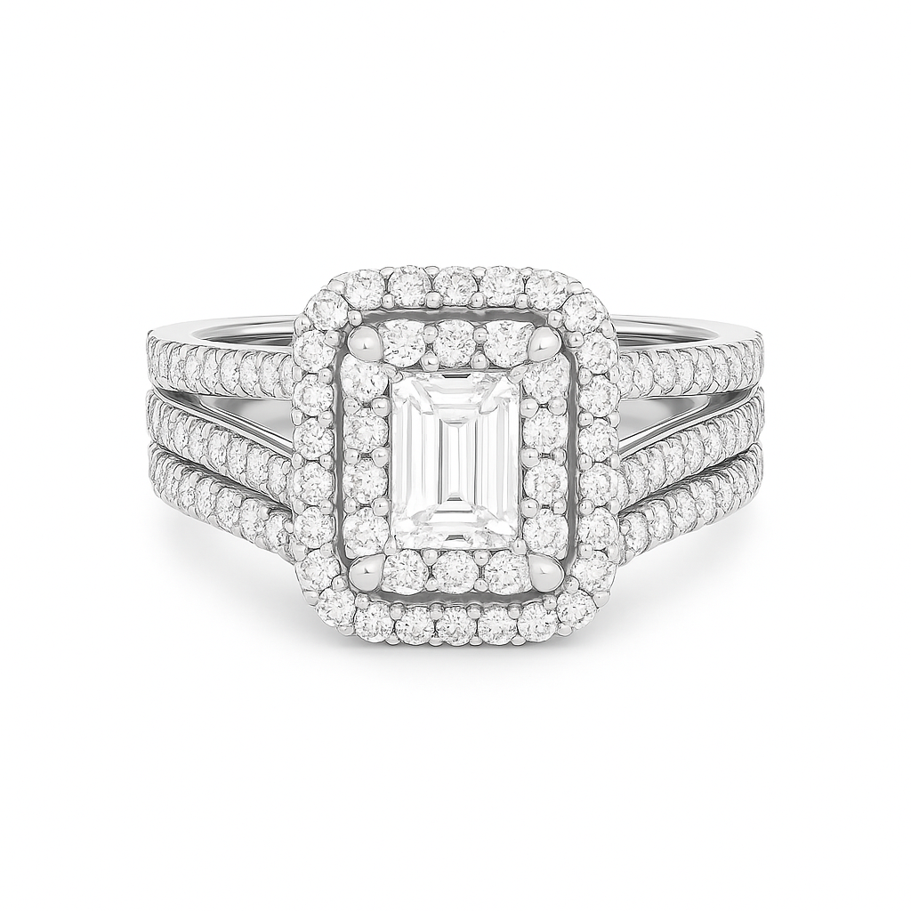 Diamond ring with a rectangular center stone on a white background