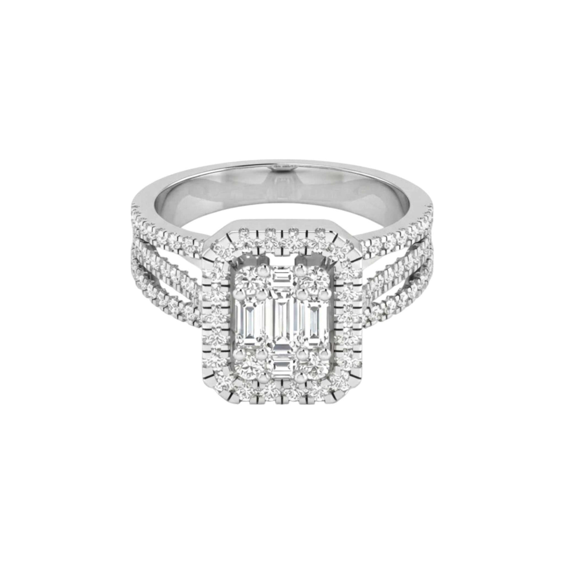 Royal Lovely Emerald Cut Moissanite engagement ring in 925 sterling silver with pavé accents and halo setting