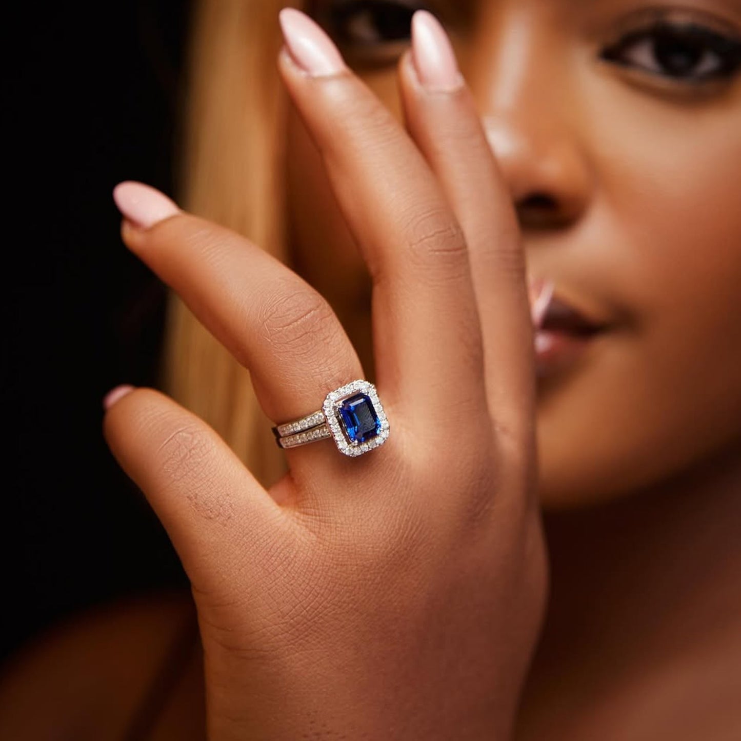 Ruby Love Radiant Cut Natural Diamond Side Stones Bride Set in Platinum