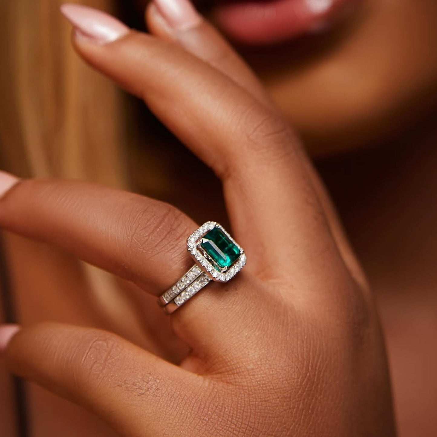 Ruby Love Radiant Cut Natural Diamond Side Stones Bride Set in Platinum