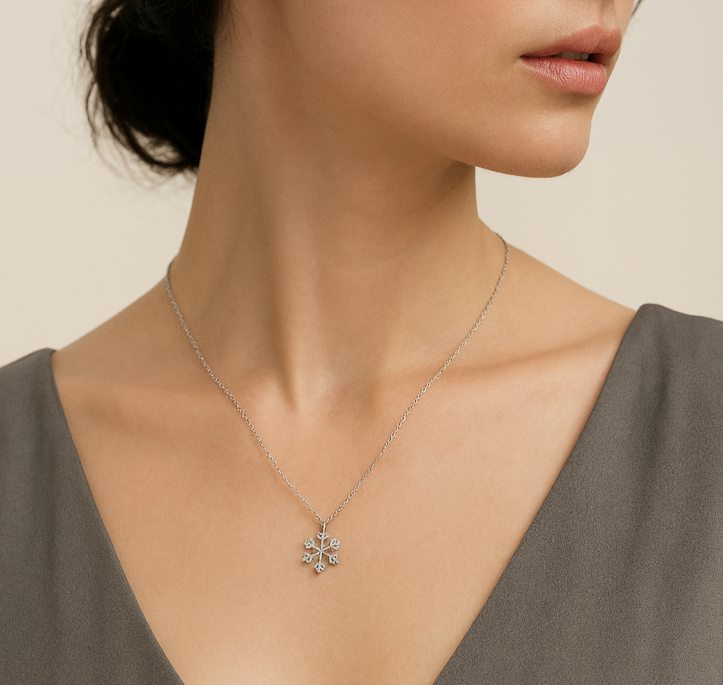 Woman wearing a necklace with BOZ Jewelry logo