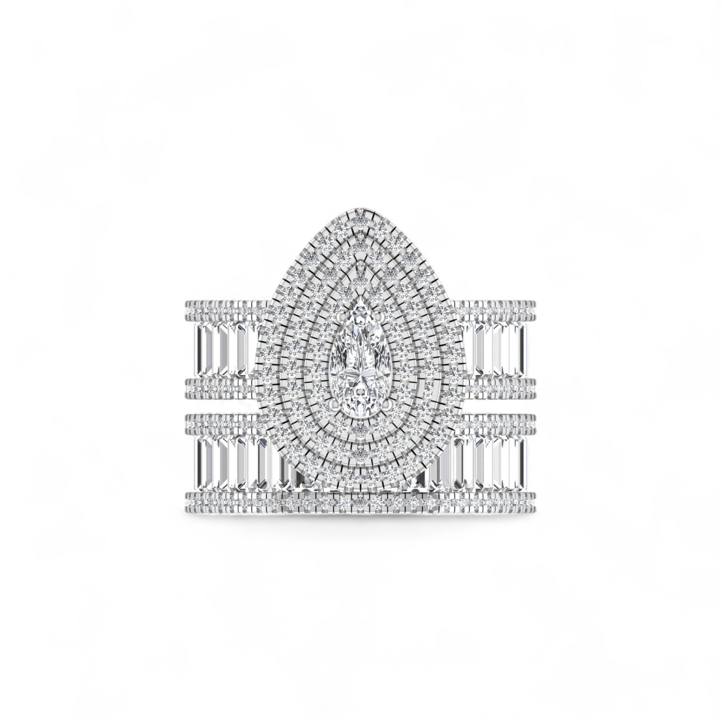Elegant diamond ring with a central gemstone and baguette-cut stones on a white background
