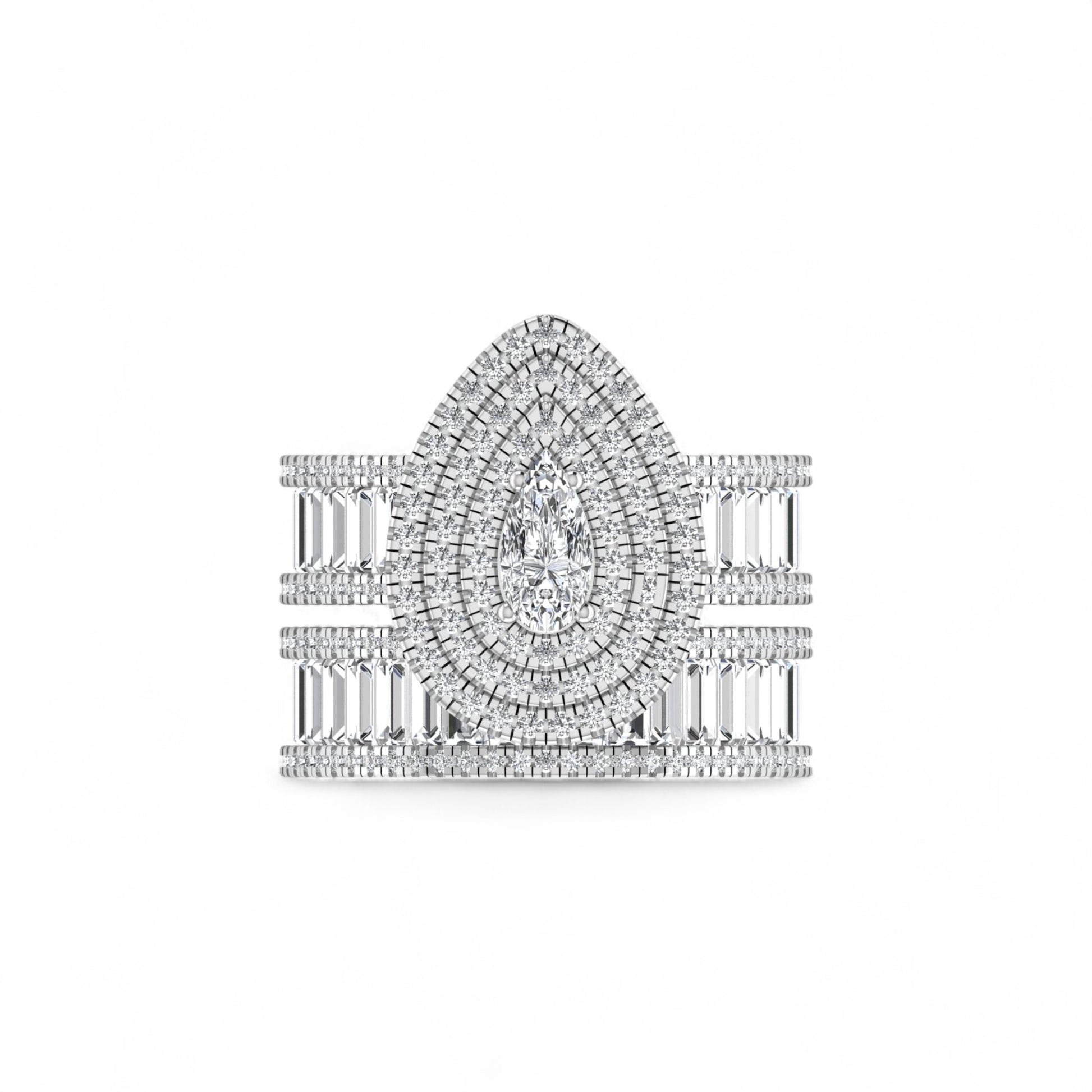 Elegant diamond ring with a central gemstone and baguette-cut stones on a white background