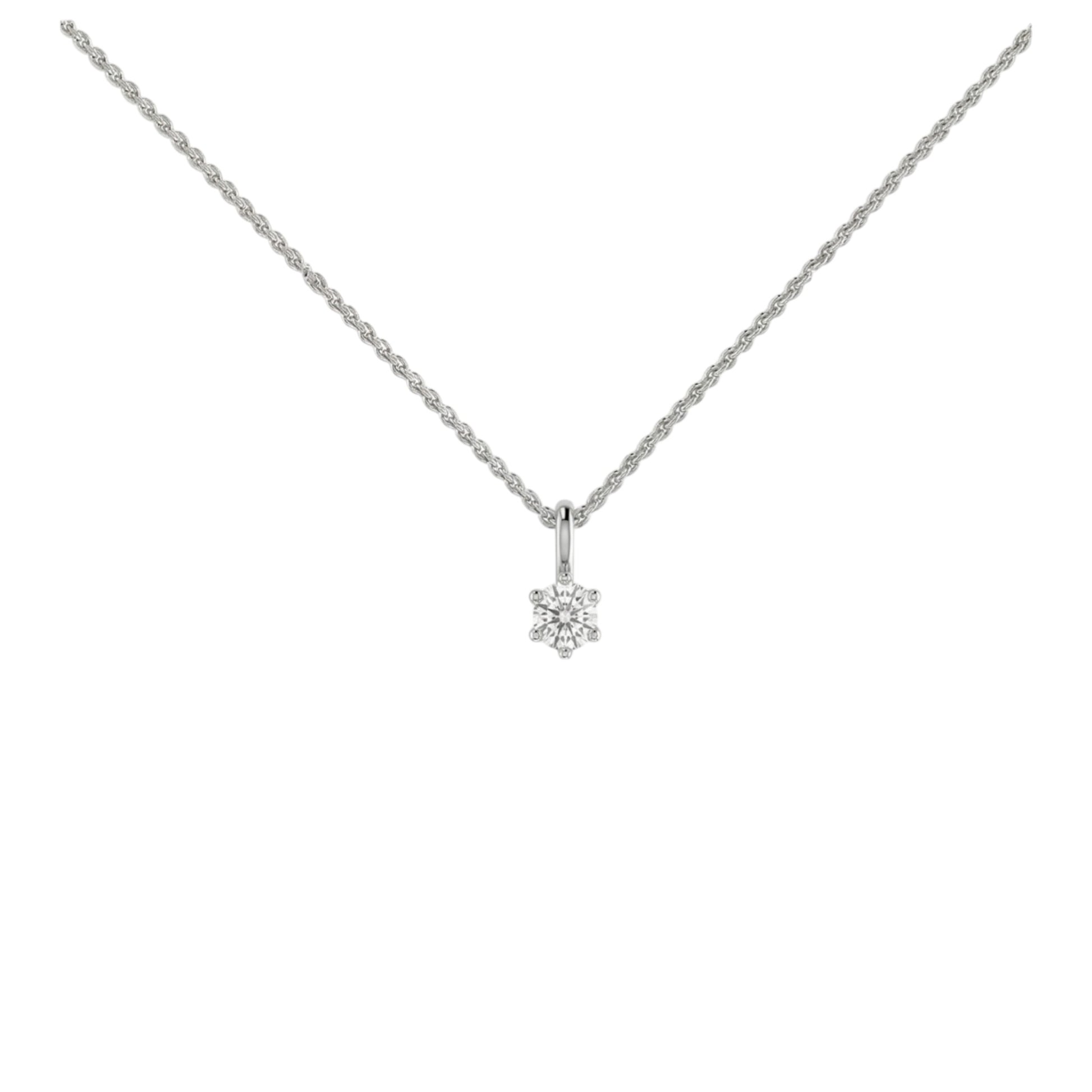 Silver necklace with a small diamond pendant on a white background
