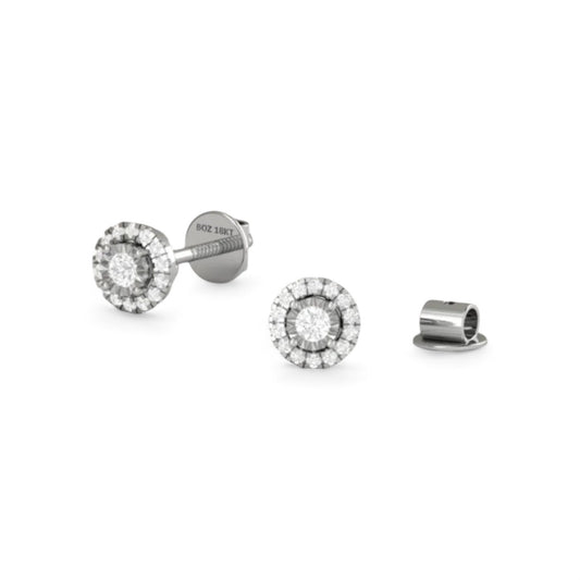 Pair of silver earrings with clear gemstones on a white background