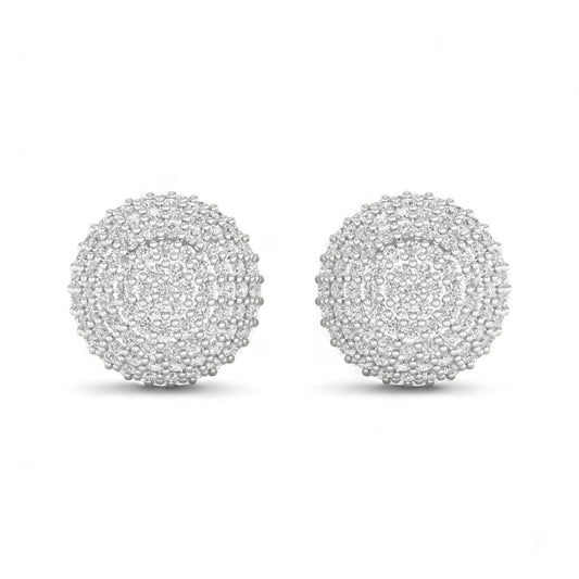 Pair of silver spherical earrings on a white background