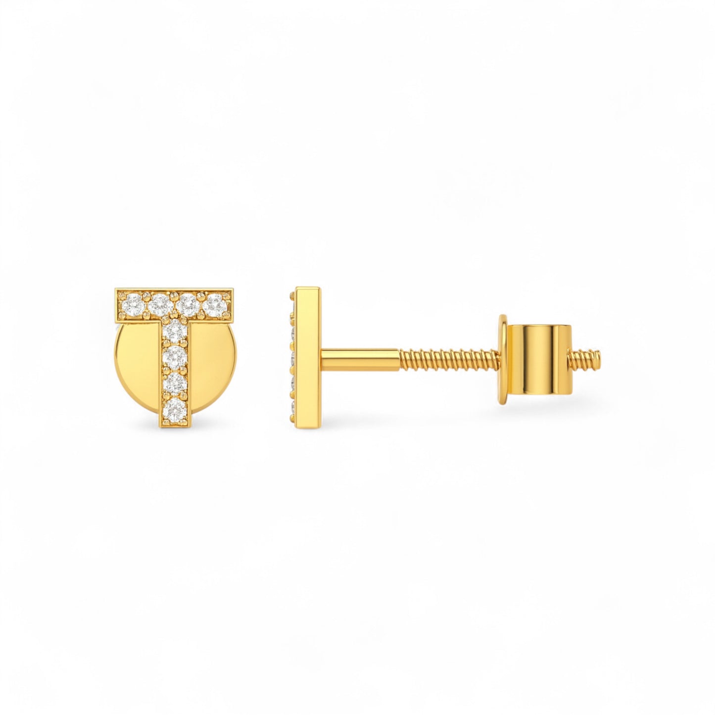Gold earrings with clear gemstones on a white background