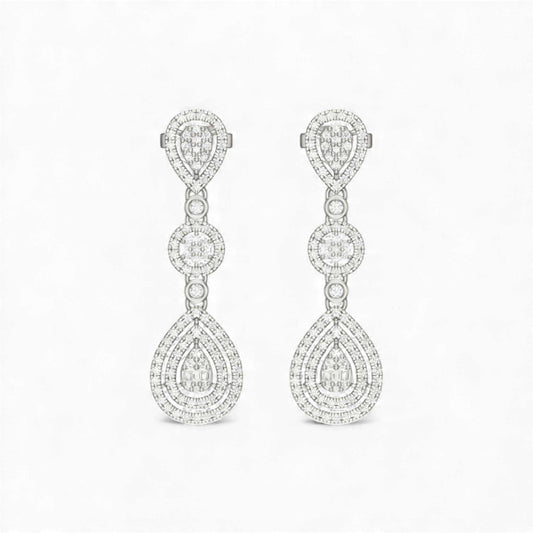 18KT gold tear drop diamond earrings with round and baguette-cut natural diamonds in a three-tier dangle design
