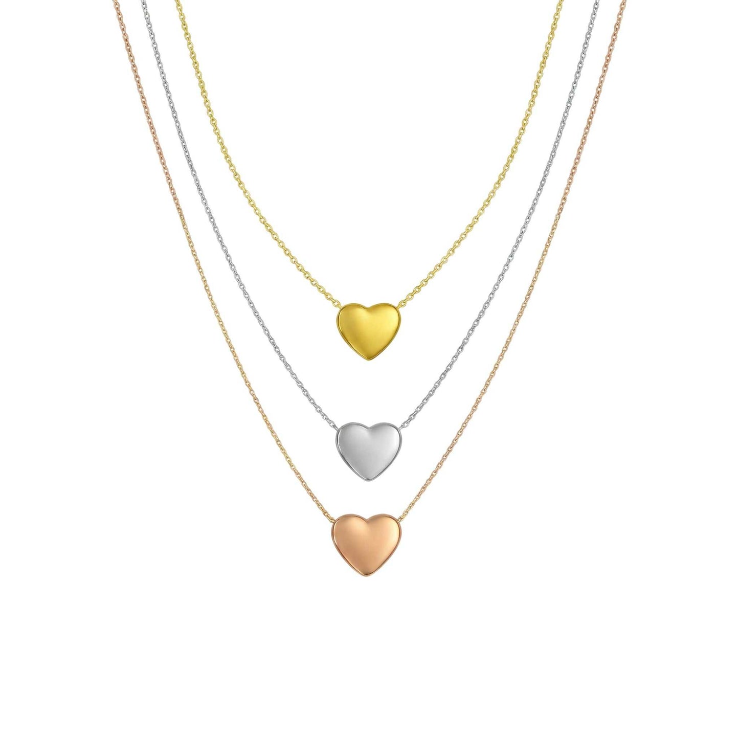 Three Tone Heart Necklace with silver, gold, and rose gold hearts in 925 sterling silver