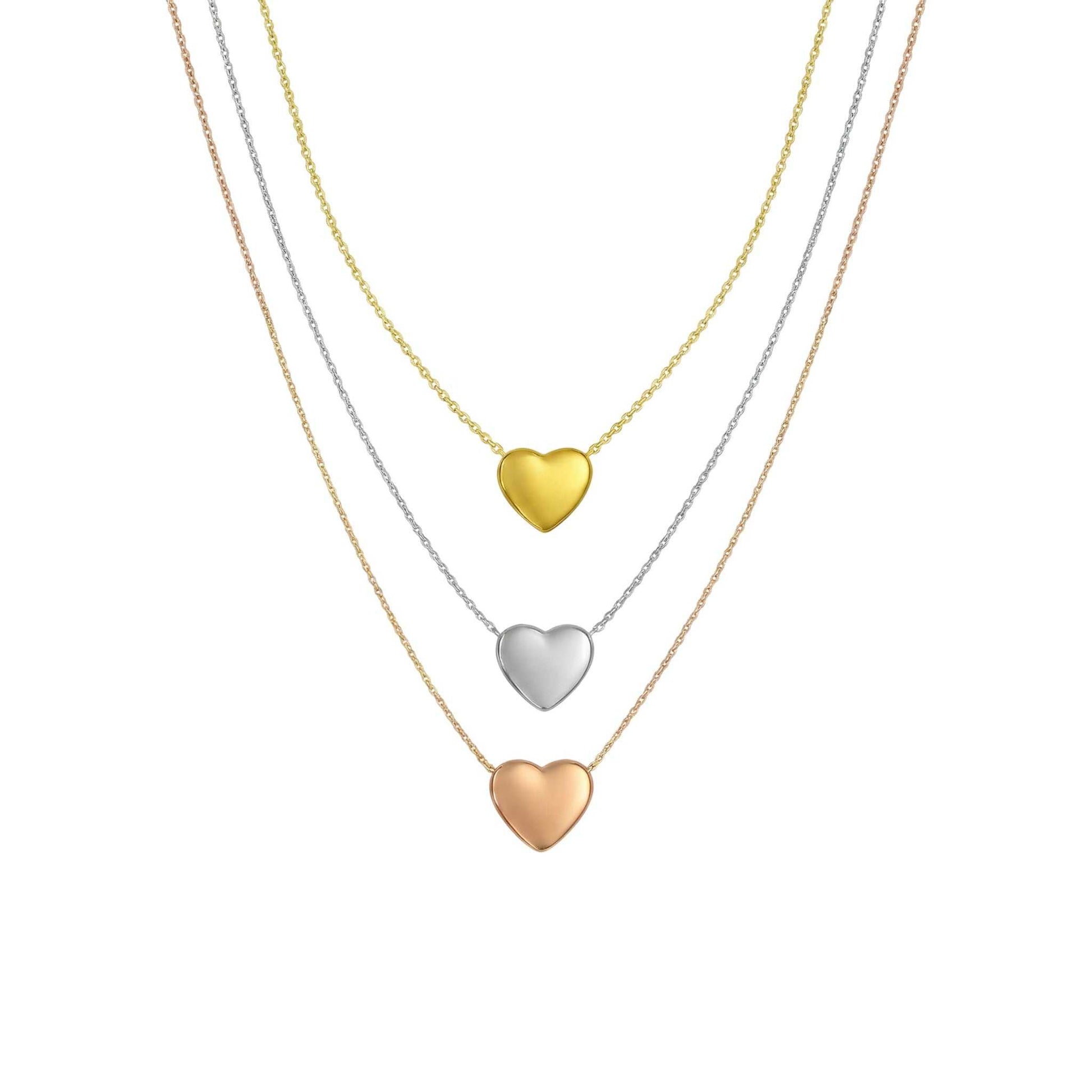 Three Tone Heart Necklace with silver, gold, and rose gold hearts in 925 sterling silver