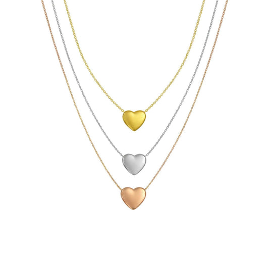 Three Tone Heart Necklace with silver, gold, and rose gold hearts in 925 sterling silver