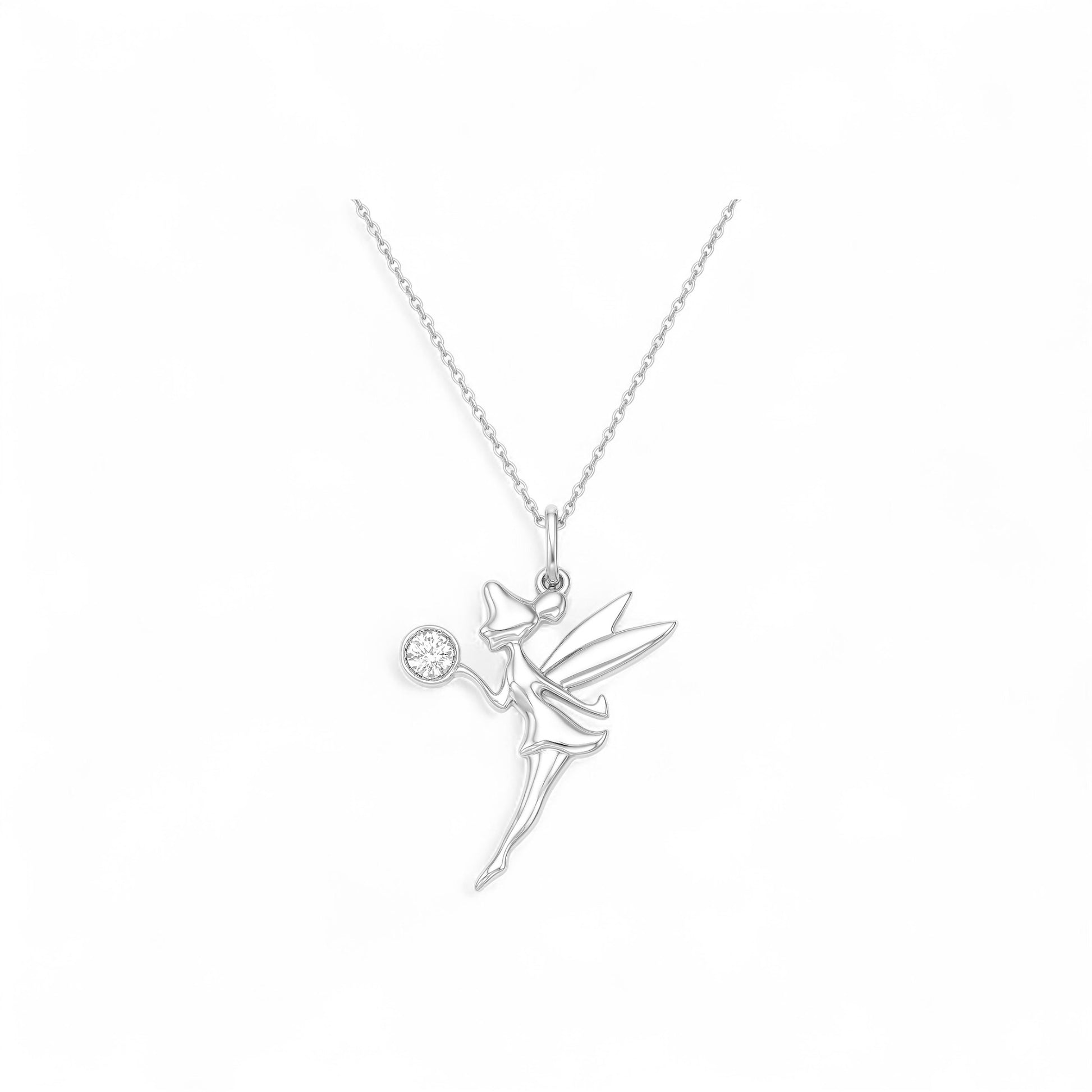 Silver fairy pendant necklace on a white background