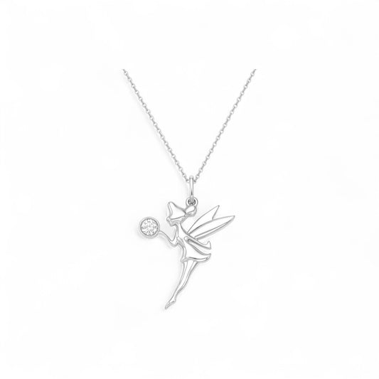 Silver fairy pendant necklace on a white background