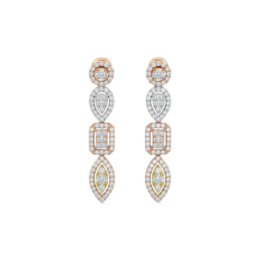 Pair of diamond earrings with rose gold and white gold accents on a white background