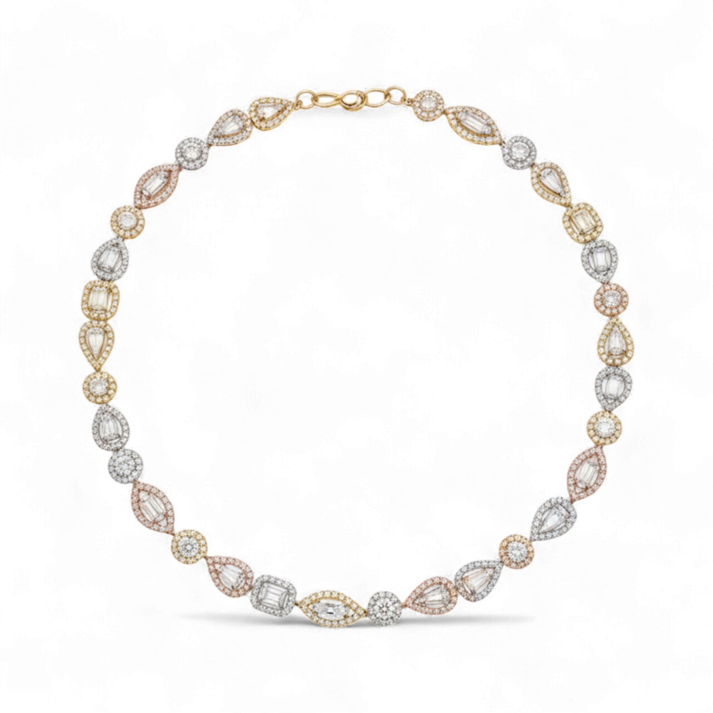 Diamond necklace with gold, rose gold, and white gold prongs on a white background