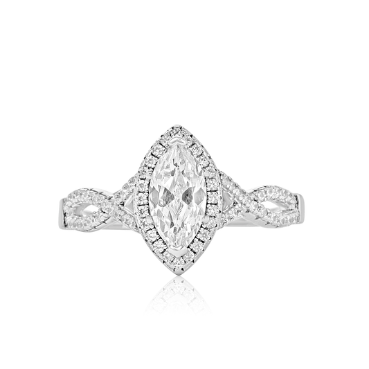 Diamond ring with a pear-shaped center stone on a white background