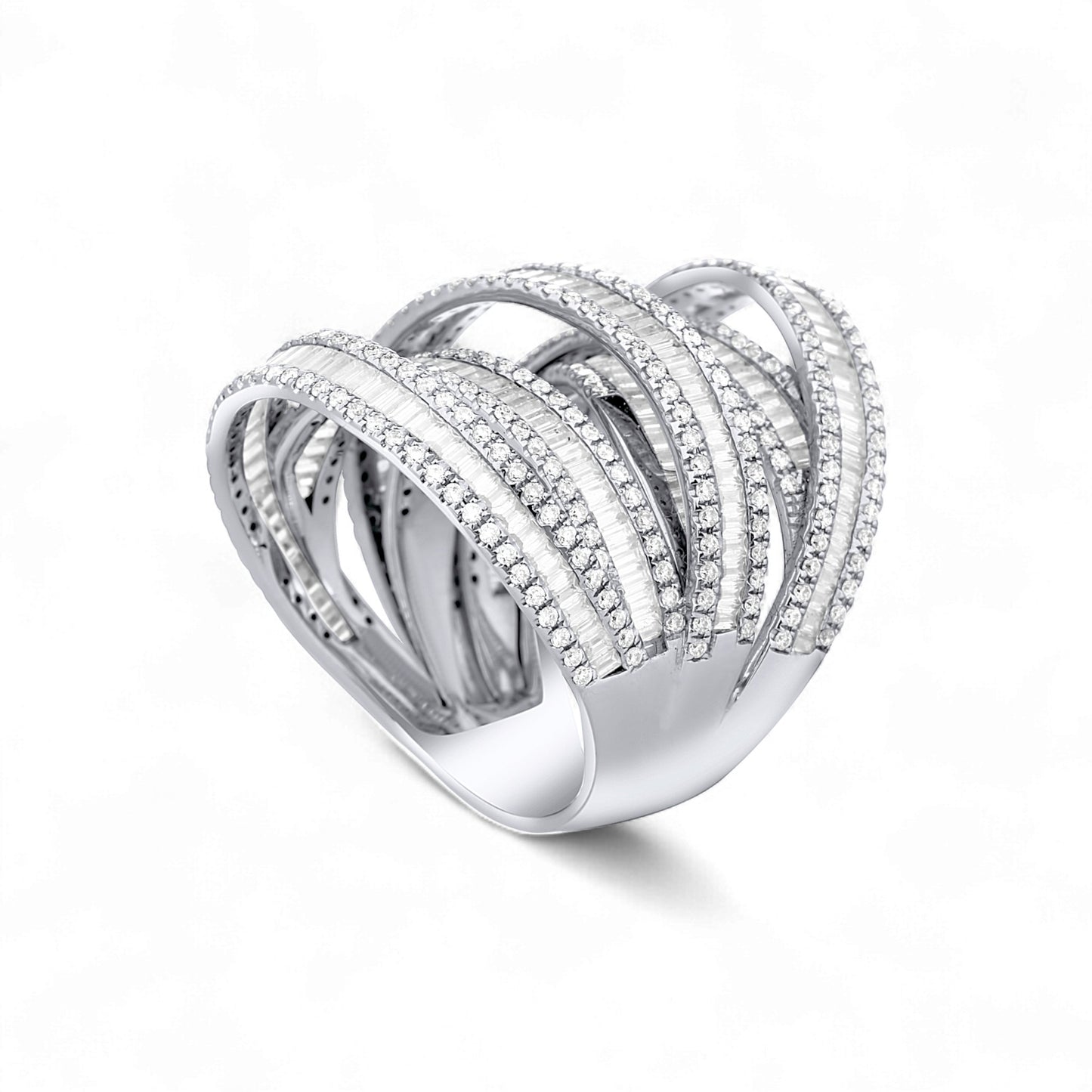 Layered Crisscross Baguette Cut Tri Tone Moissanite Ring in 18 karat Gold