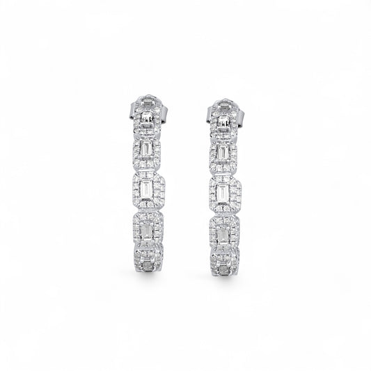 Round and Baguette Diamond Hoops Earring